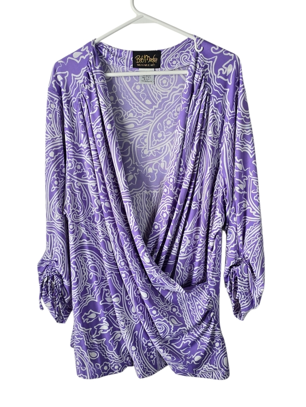 Bob Mackie Faux Wrap Blouse 3/4 Sleeves 1X Purple/White Paisley